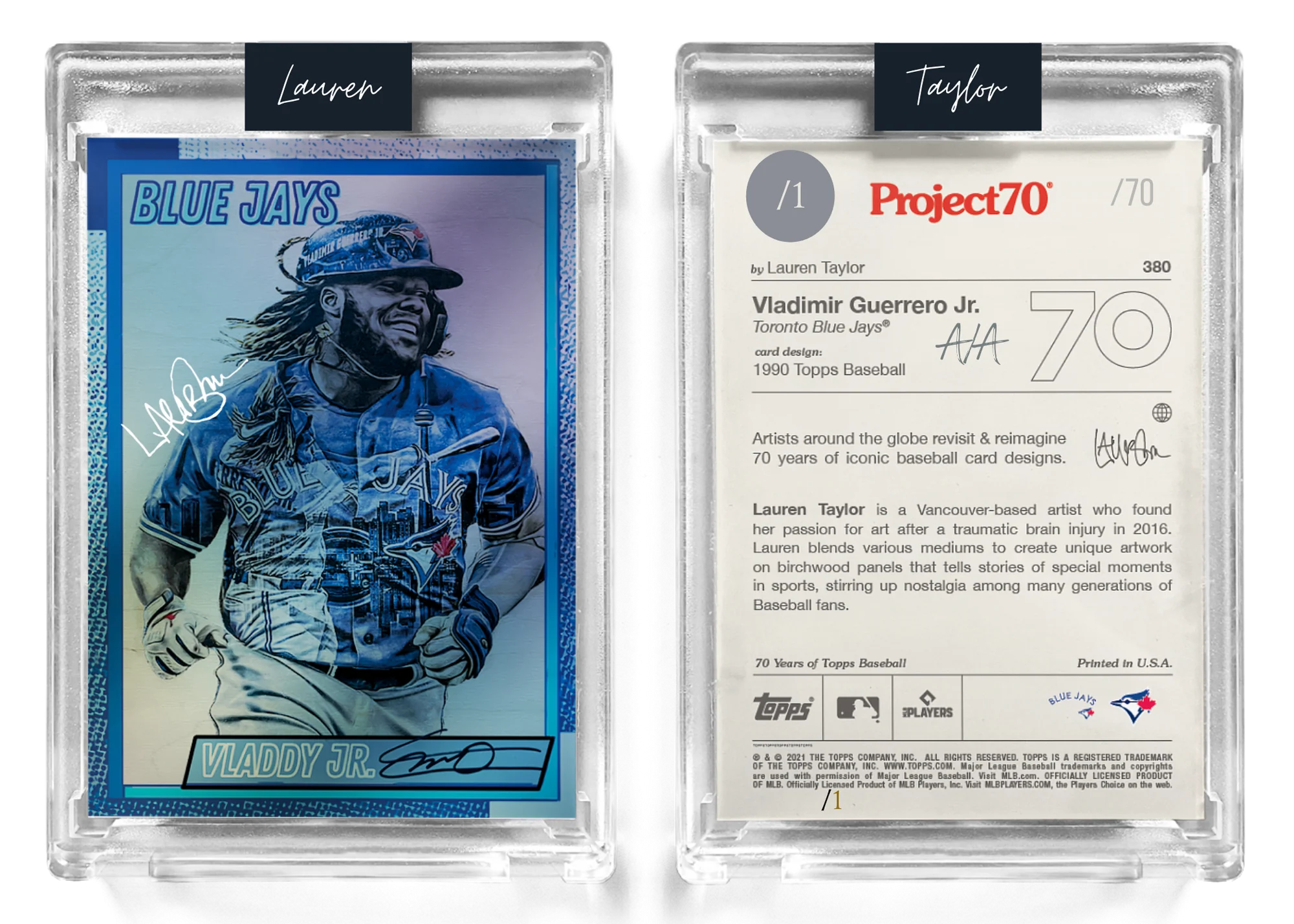 1/1 Chrome Metallic Artist Signature - Foil Variant 130pt Card - Topps Project 70 130pt card #380 by Lauren Taylor - Vladimir Guerrero Jr.