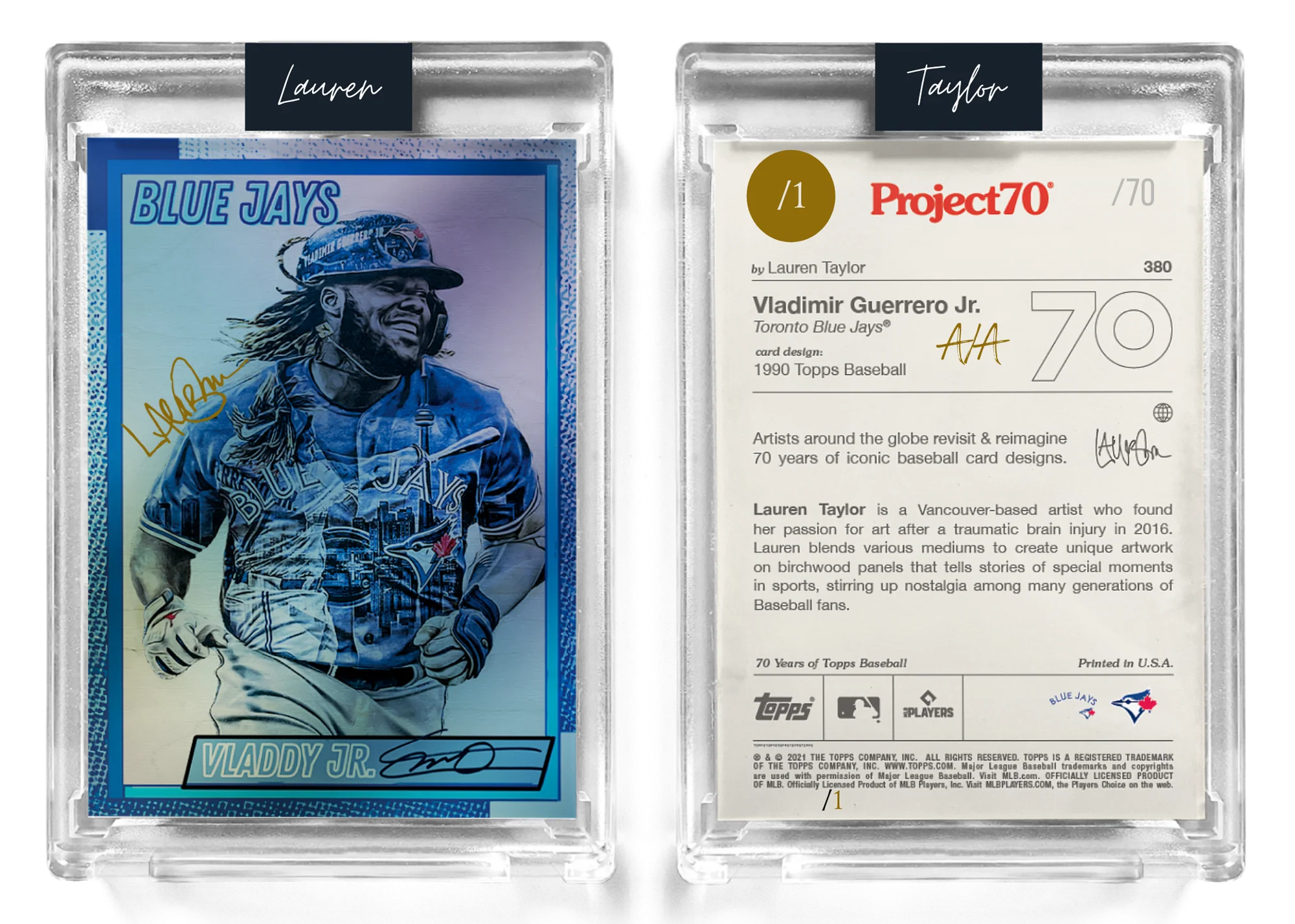 1/1 Gold Metallic Artist Signature - Foil Variant 130pt Card - Topps Project 70 130pt card #380 by Lauren Taylor - Vladimir Guerrero Jr.