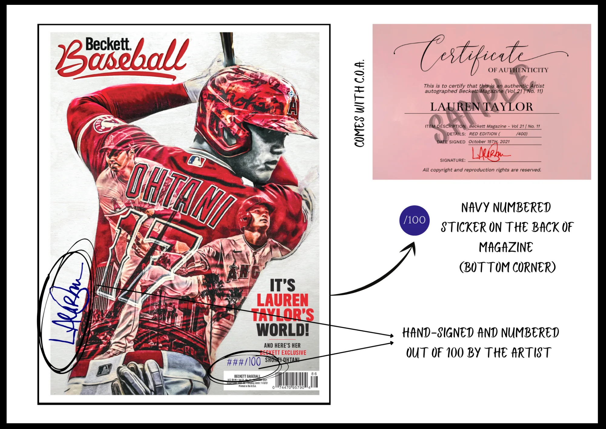 /100 Navy Blue Edition Artist Signature - Beckett Magazine (Vol 21 | No. 11) - Shohei Ohtani - Image 2