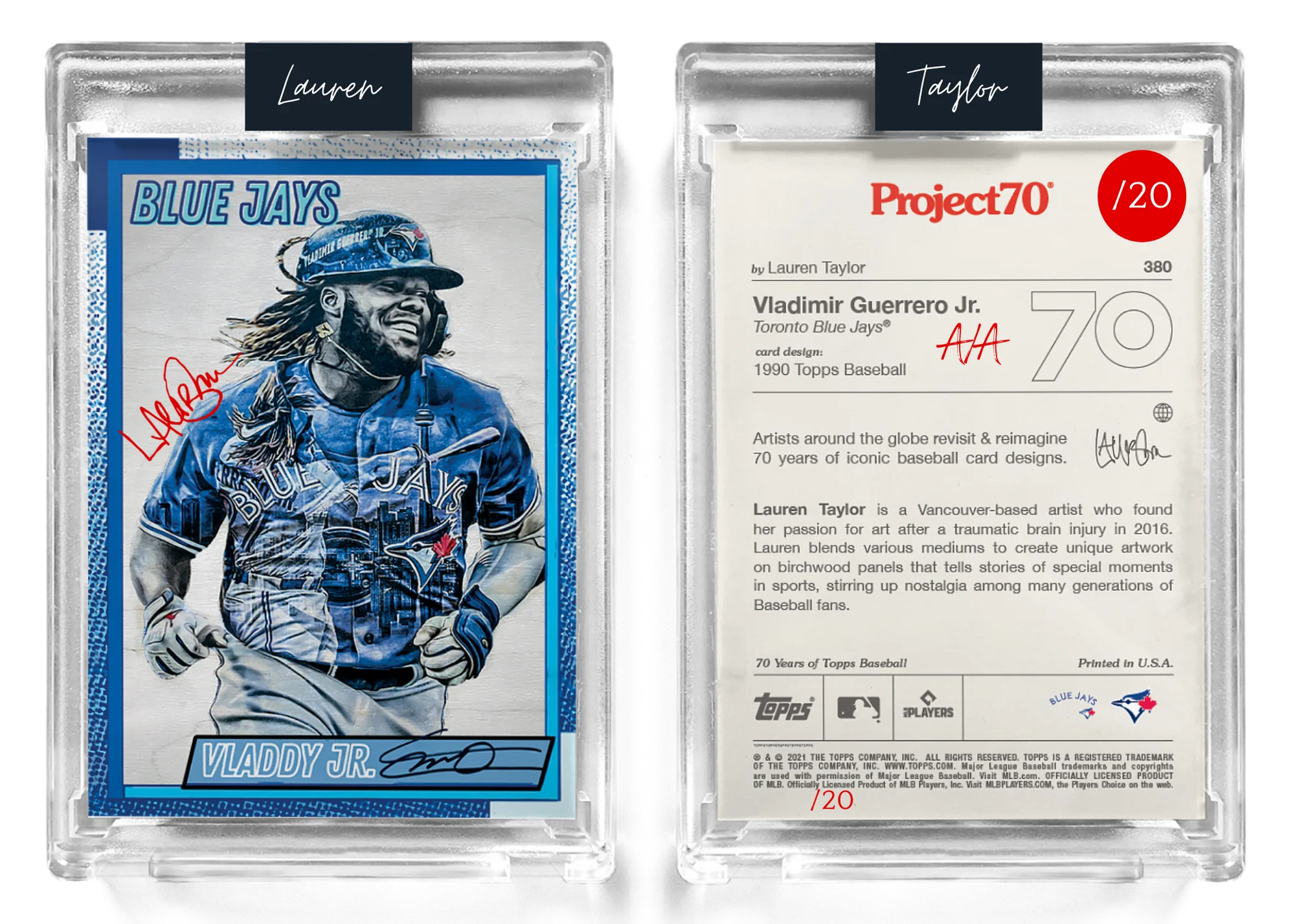 /20 Red Artist Signature - Topps Project 70 130pt card #380 by Lauren Taylor - Vladimir Guerrero Jr.