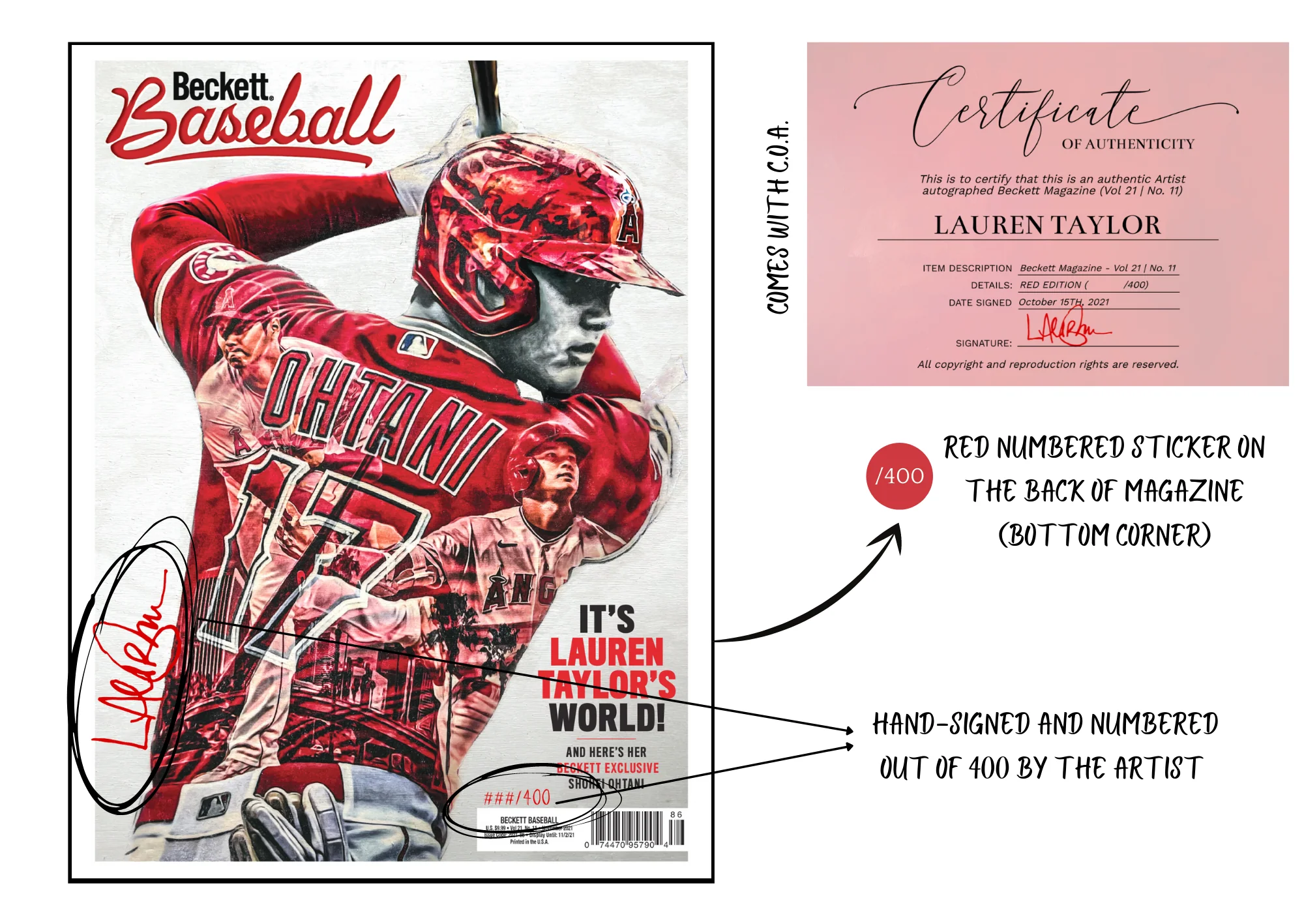 /400 Red Edition Artist Signature - Beckett Magazine (Vol 21 | No. 11) - Shohei Ohtani - Image 2