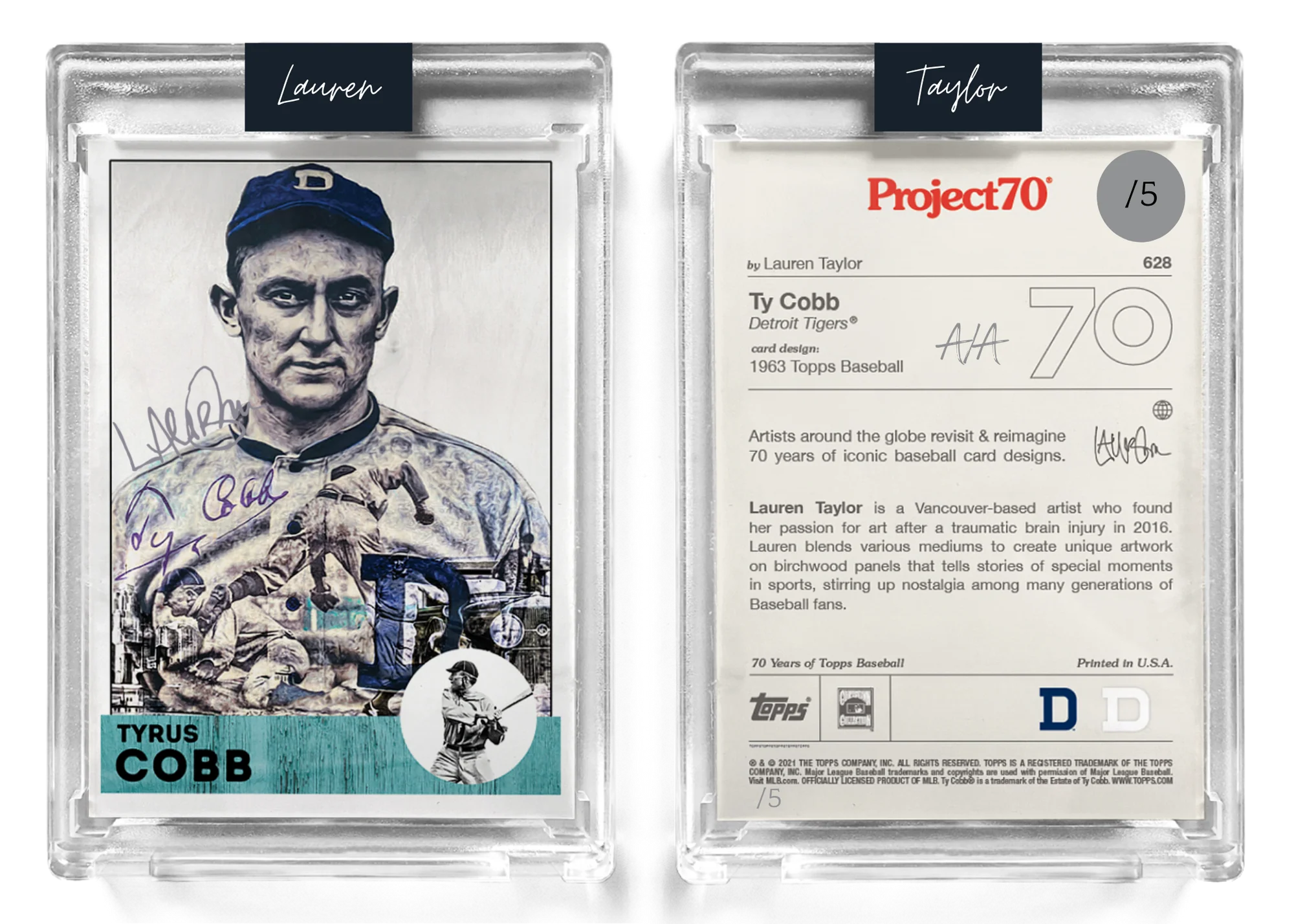 /5 Silver Metallic Artist Signature - Topps Project 70 130pt card #628 by Lauren Taylor - Tyrus Cobb