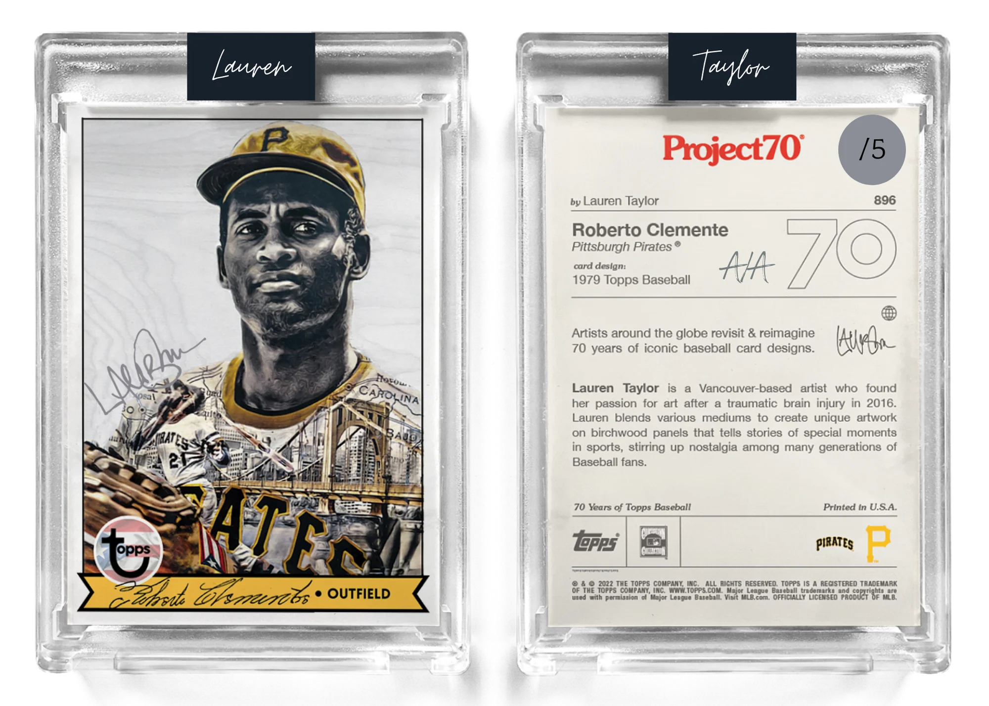 /5 Silver Metallic Artist Signature - Topps Project 70 130pt card #896 by Lauren Taylor - Roberto Clemente