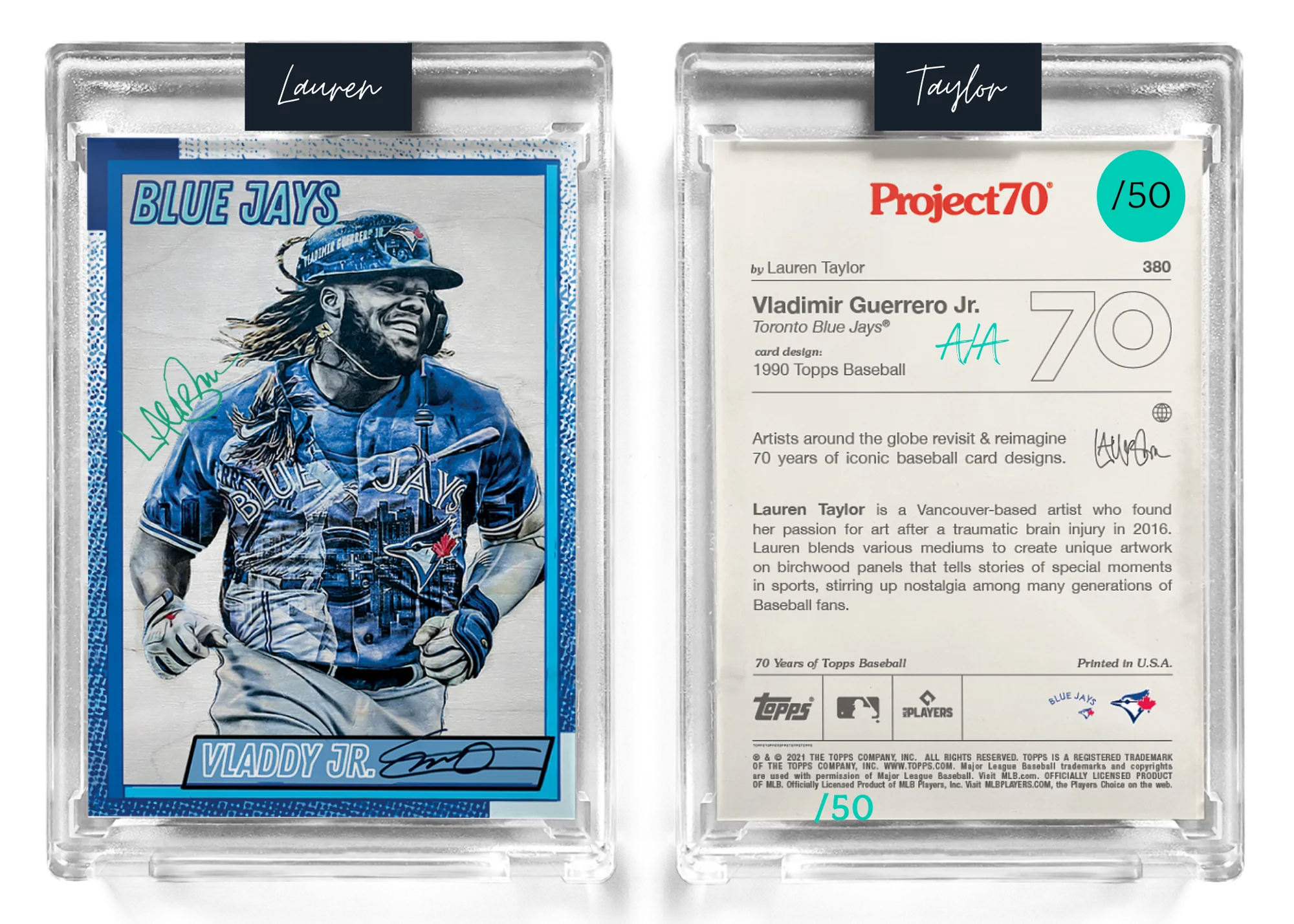 /50 Teal Artist Signature - Topps Project 70 130pt card #380 by Lauren Taylor - Vladimir Guerrero Jr.