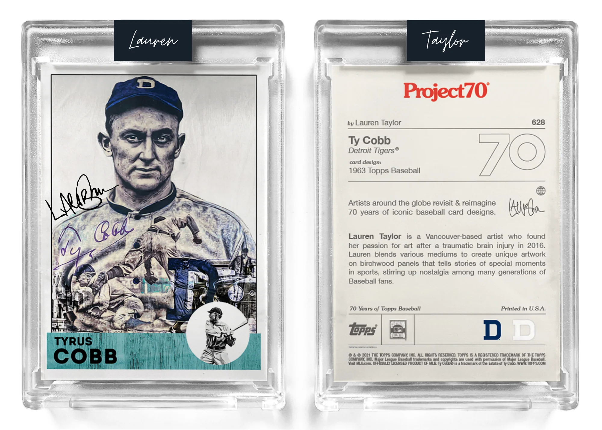 Artist Autographed (Black Pen) Topps 130pt card - Project 70 Tyrus Cobb #628 by Lauren Taylor