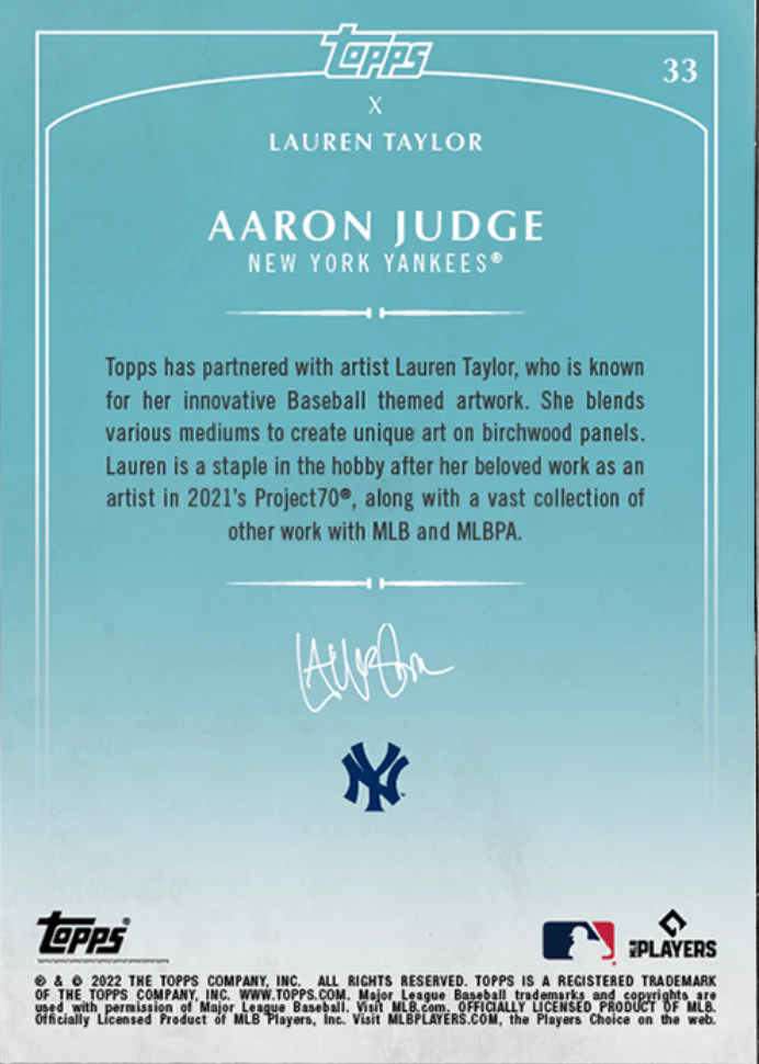 Lauren Taylor x Topps - Artist Autographed Aaron Judge Base Card - Image 2