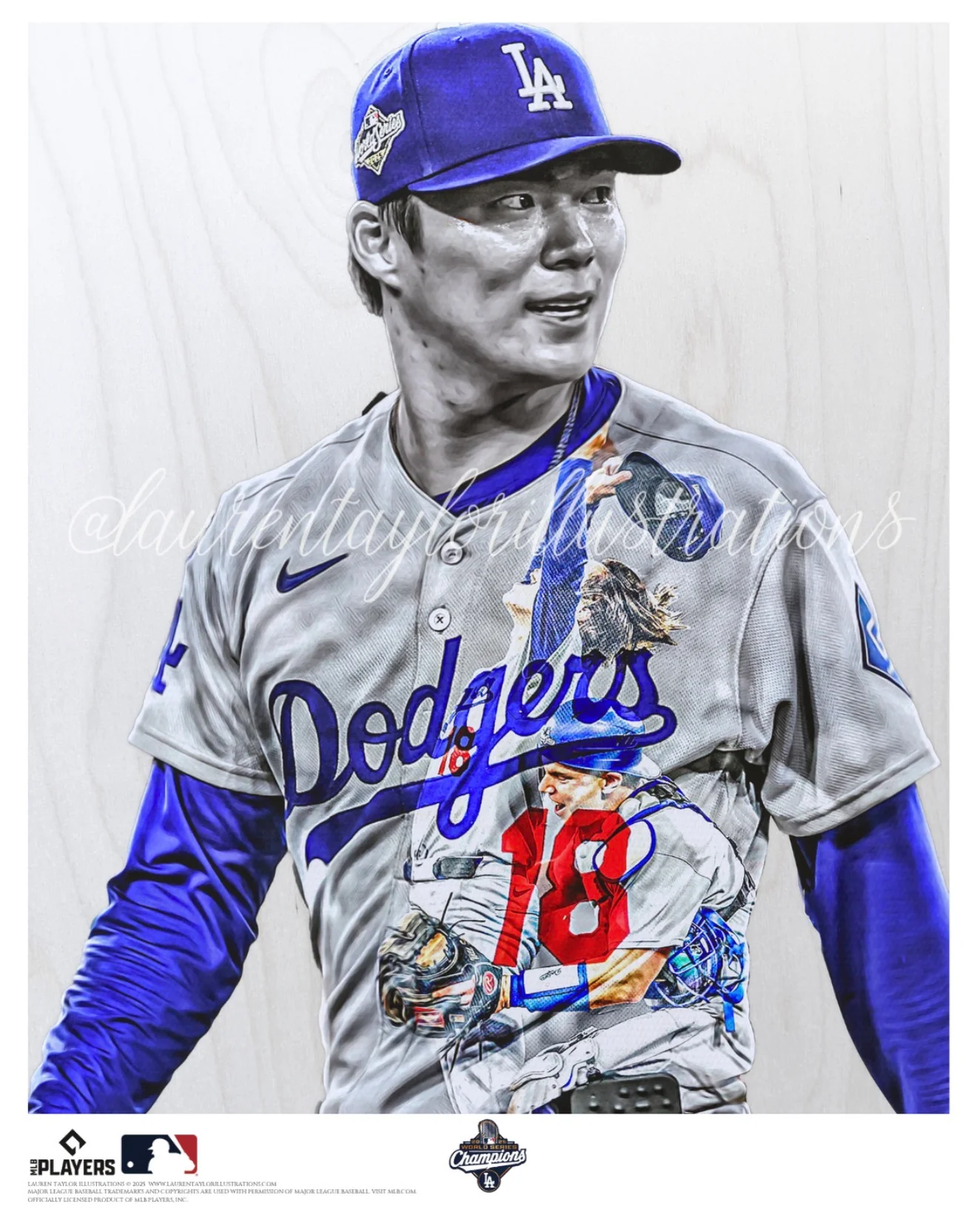 "Final Out" (Y. Yamamoto & W. Smith) Los Angeles Dodgers - 2025 World Series MVP - Officially Licensed MLB Print - DODGER BLUE ARTIST AUTO /18 - Image 2