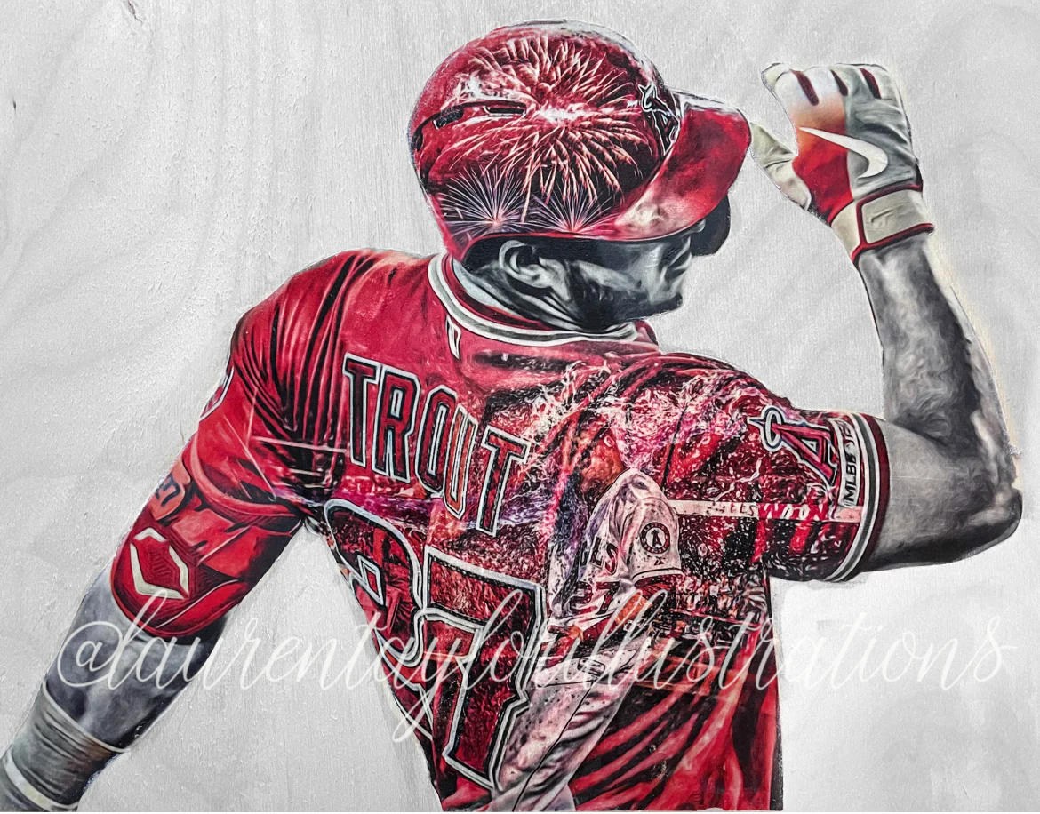 "King Fish 2.0" (Mike Trout ) Los Angeles Angels - 1/1 Original on Wood