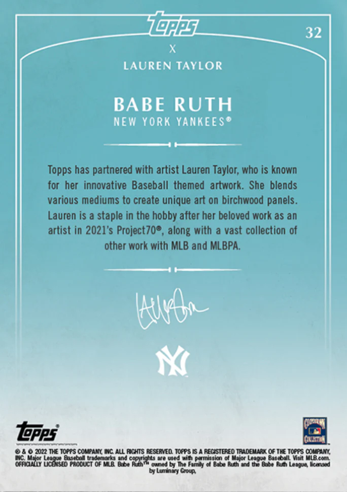 Lauren Taylor x Topps - Artist Autographed Babe Ruth Base Card - Image 2