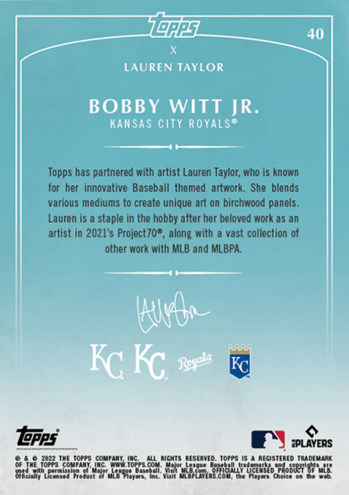 Lauren Taylor x Topps - Artist Autographed Bobby Witt Jr. RC Base Card - Image 2