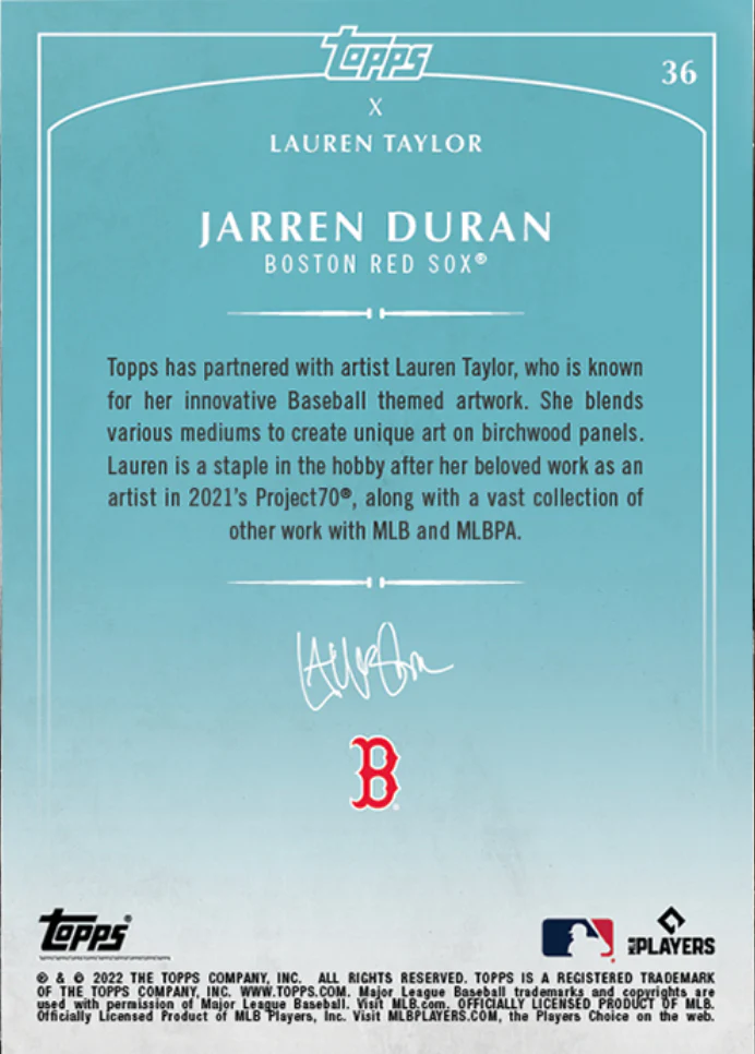 Lauren Taylor x Topps - Artist Autographed Jarren Duran RC Base Card - Image 2