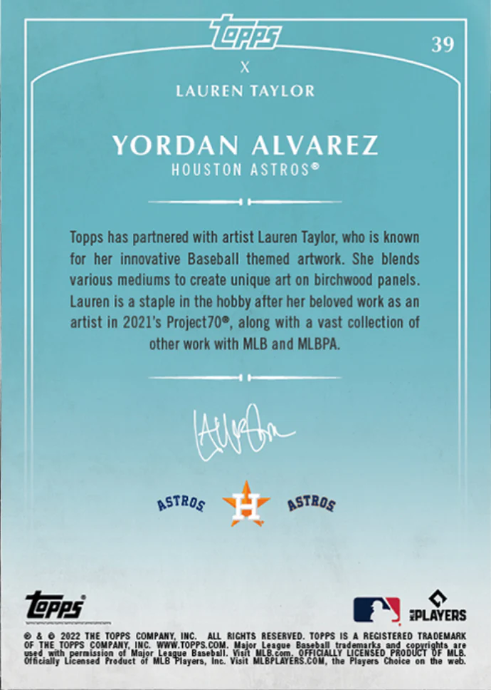Lauren Taylor x Topps - Artist Autographed Yordan Alvarez Base Card - Image 2