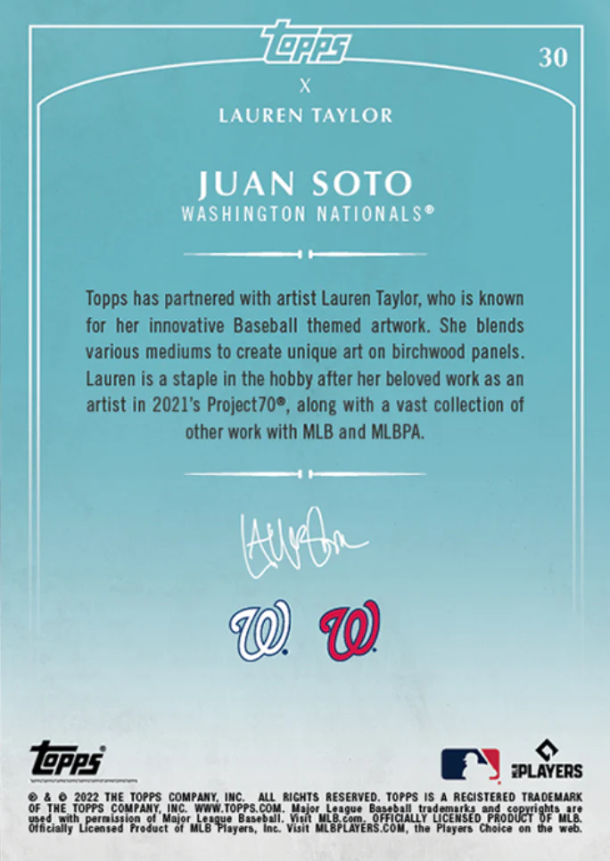 Lauren Taylor x Topps - Artist Autographed Juan Soto Base Card - Image 2