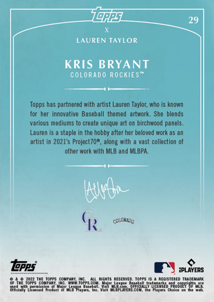 Lauren Taylor x Topps - Artist Autographed Kris Bryant Base Card - Image 2