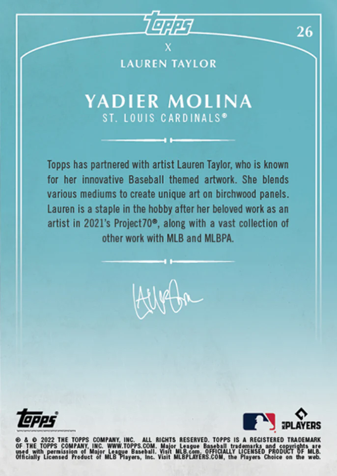 Lauren Taylor x Topps - Artist Autographed Yadier Molina Base Card - Image 2