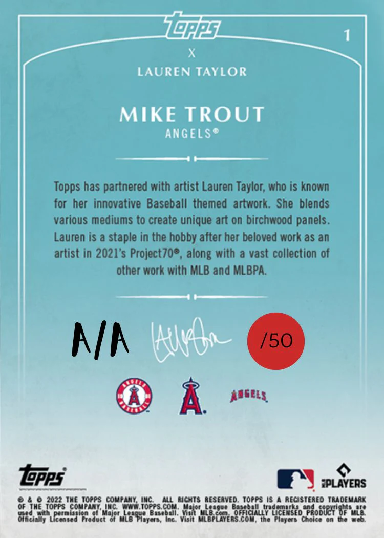 Lauren Taylor x Topps - RED Artist Autographed /50 - Mike Trout Base Card - Image 2