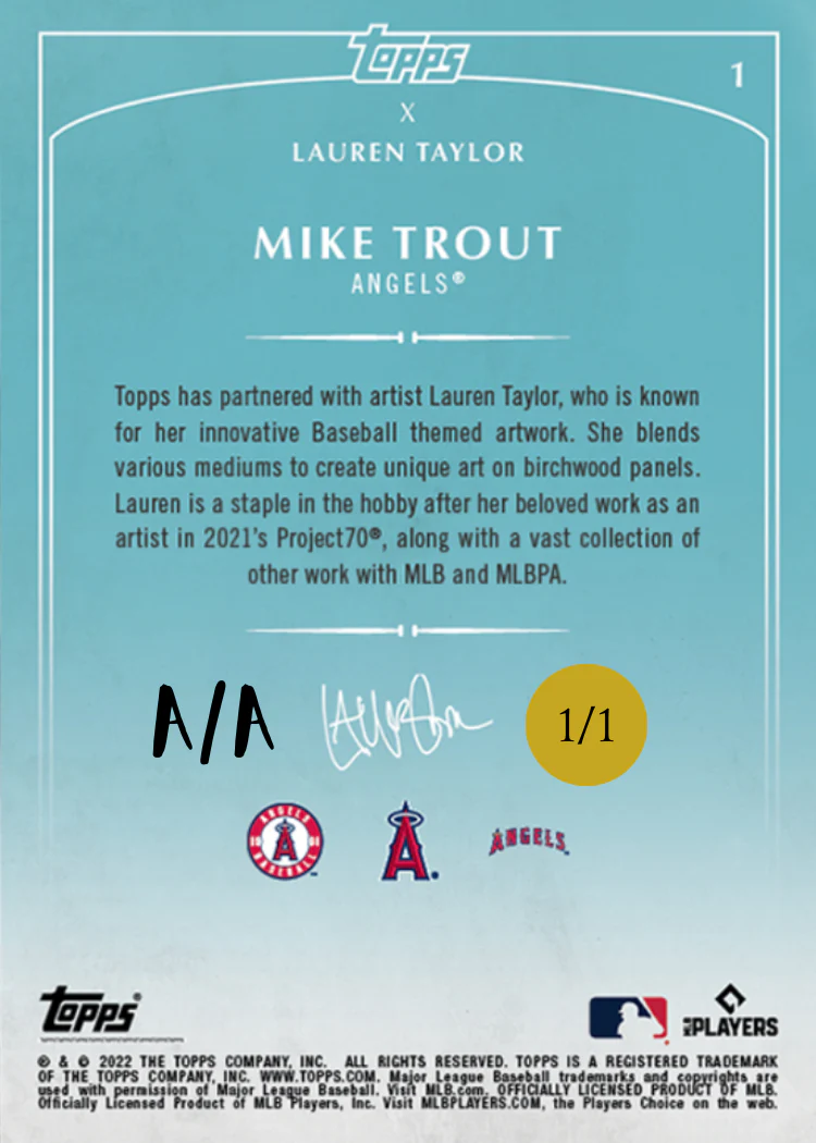 Lauren Taylor x Topps - GOLD METALLIC Artist Autographed /1 - Mike Trout Base Card - Image 2