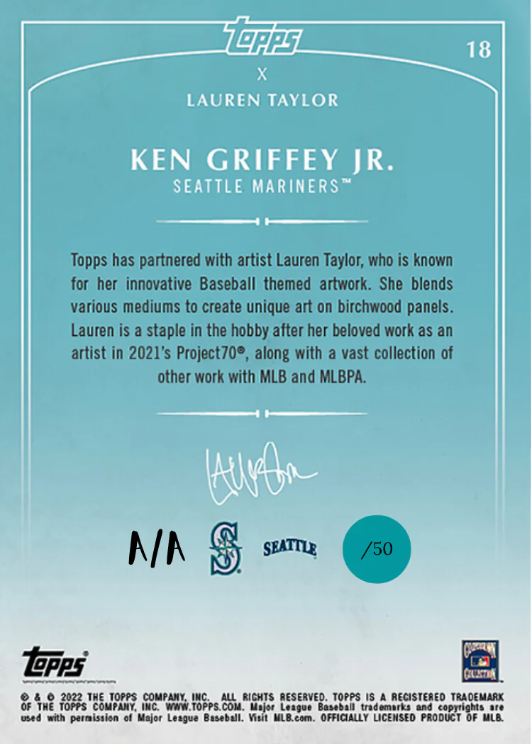 Lauren Taylor x Topps  - TEAL Artist Autographed /50 - Ken Griffey Jr. Base Card - Image 2