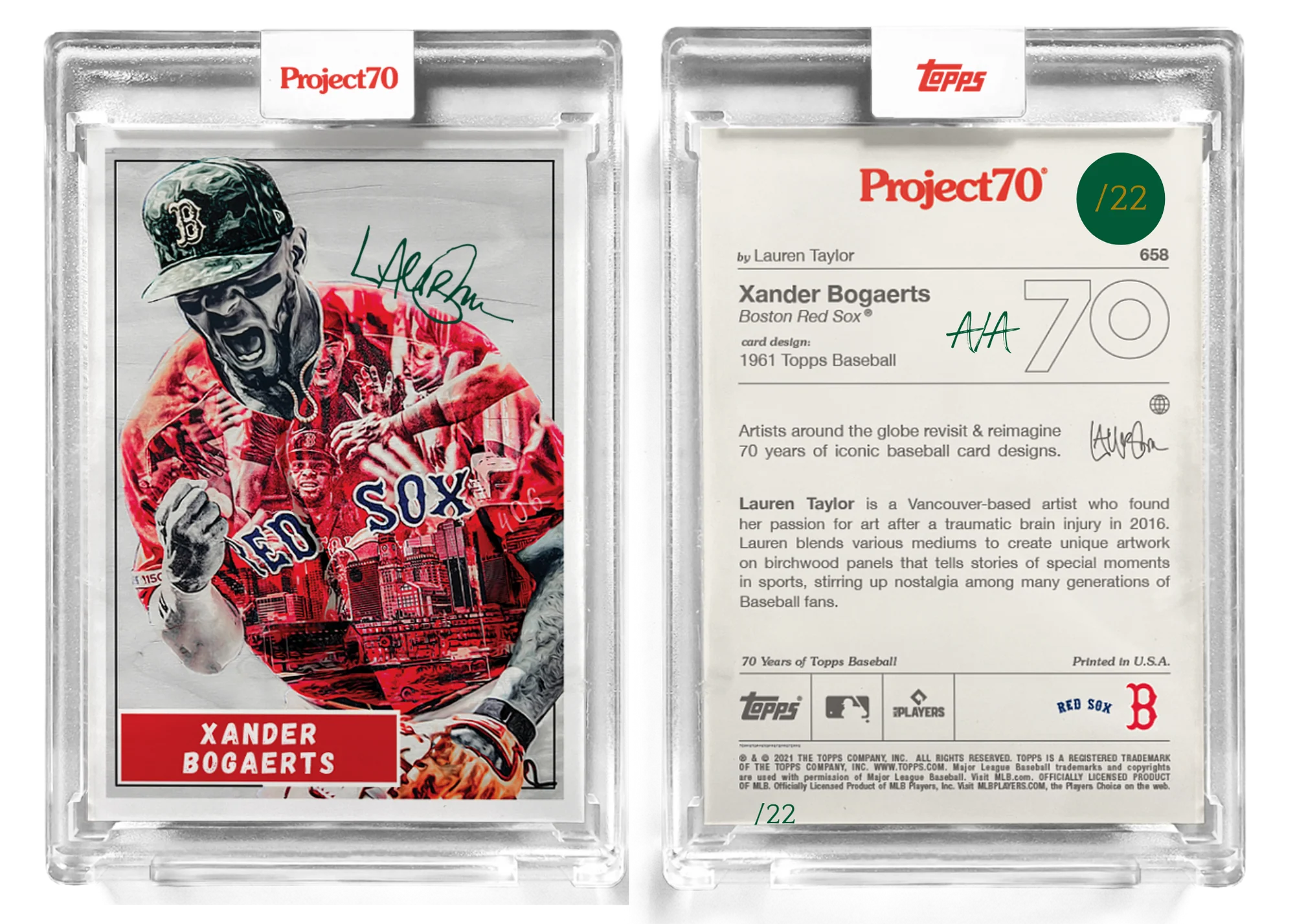 Special Tribute to "Mission22" /22 Army Green Artist Signature - Topps Project 70 130pt card #658 by Lauren Taylor - Xander Bogaerts