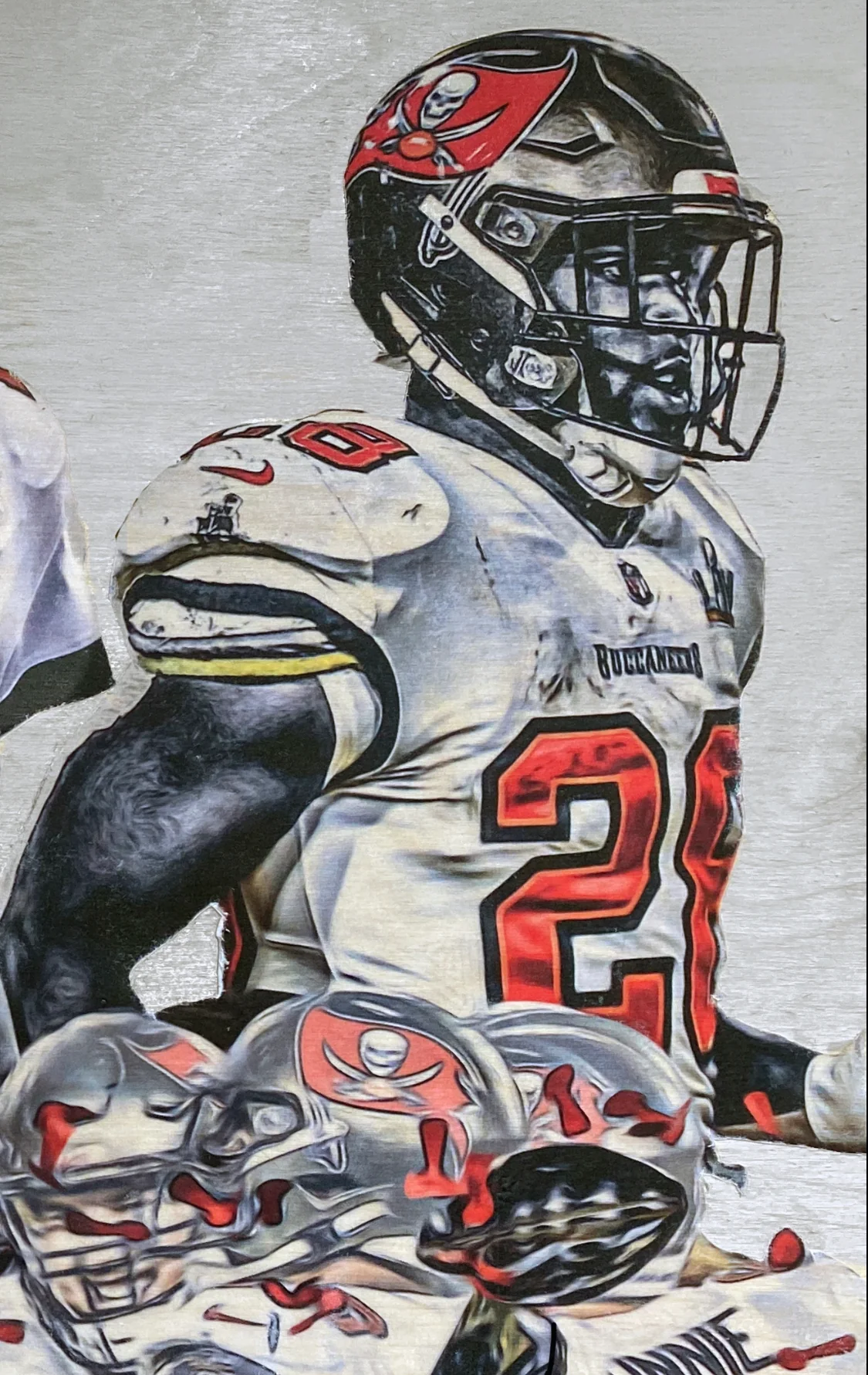 "Super Bowl LV Champions" (Featuring Brady, Gronkowski and Fournette) Tampa Bay Buccaneers - 1/1 Original on Wood (14x18x1) - Image 4