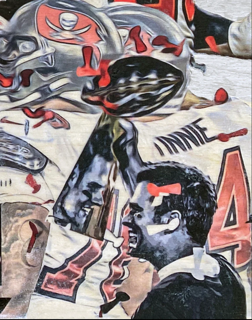 "Super Bowl LV Champions" (Featuring Brady, Gronkowski and Fournette) Tampa Bay Buccaneers - 1/1 Original on Wood (14x18x1) - Image 5